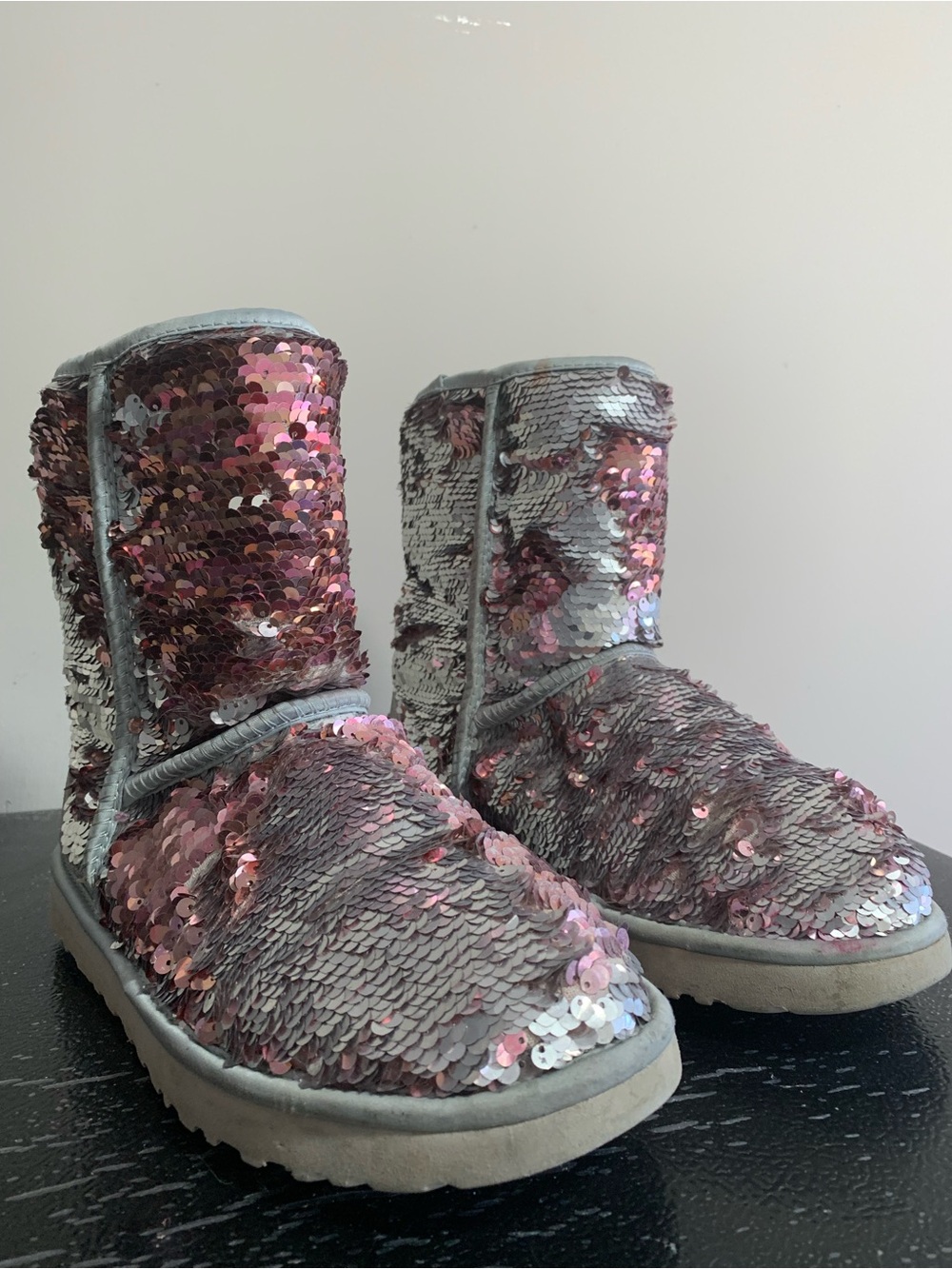 🍧UGG Pink & Silver Cosmo Reversible sequined Sheepskin Boots